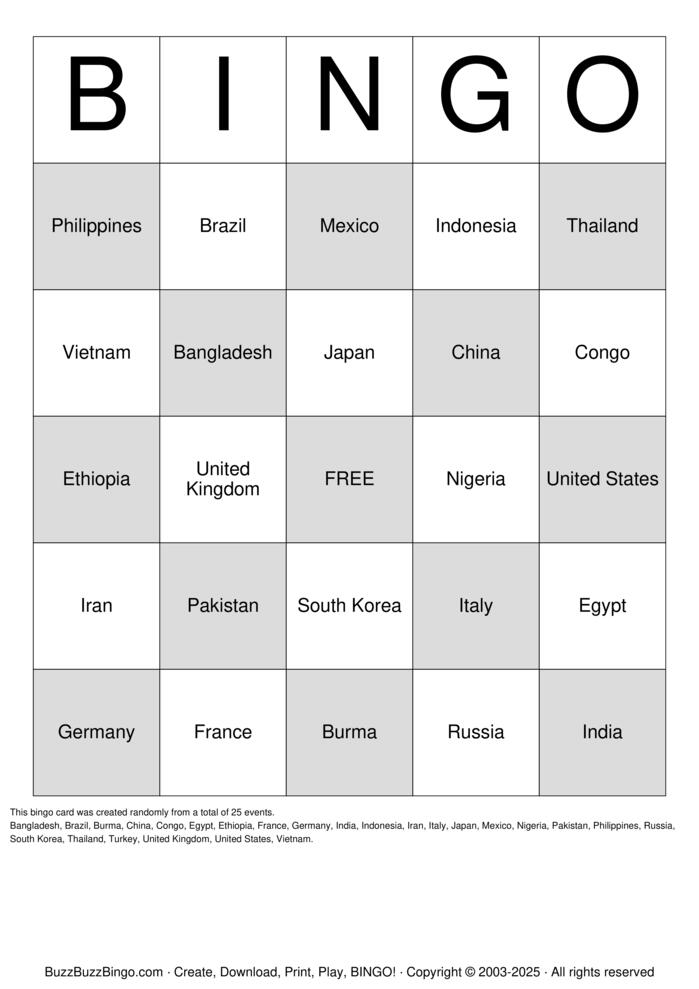 Countries Bingo Cards to Download, Print and Customize!