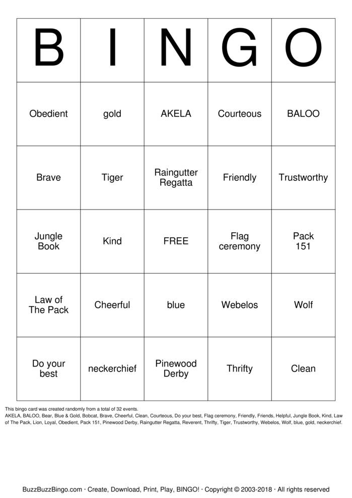 Download Free Cub Scouts of America Bingo Cards