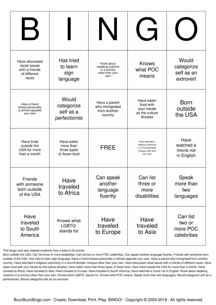 Download Free Diversity Bingo Cards