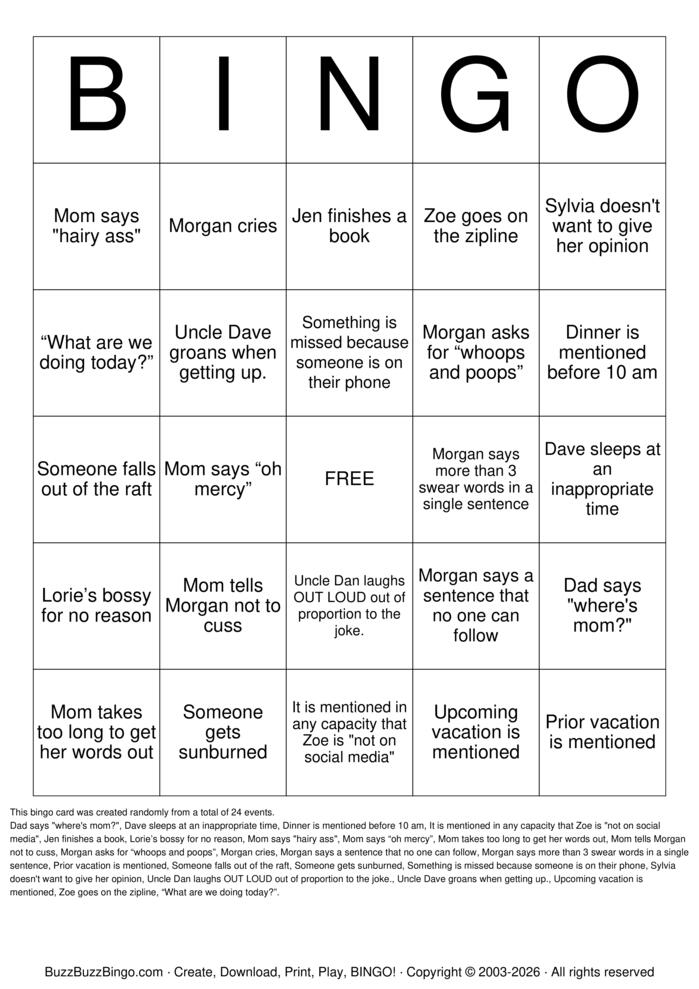Download Free Family Vacation Bingo Cards Download Free Family Vacation Bingo Cards