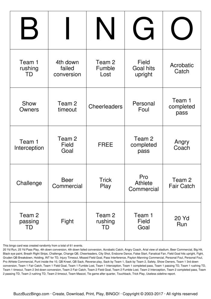 Download Free Football Bingo Cards