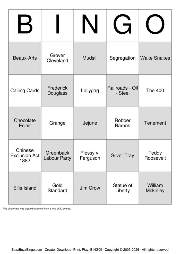 Download Free Gilded Age Bingo Cards