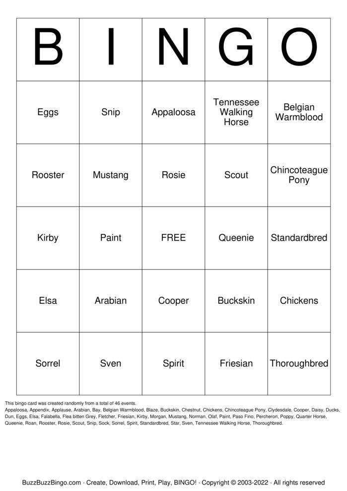 HORSE Bingo Cards to Download, Print and Customize!