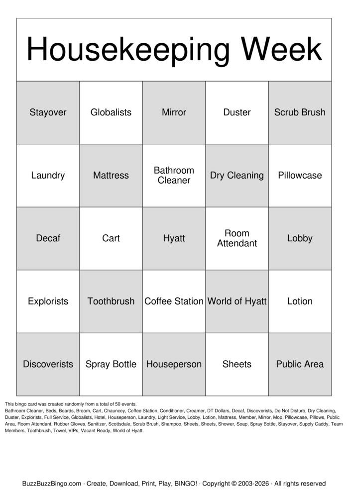 Download Free Housekeeping Week Bingo Cards Download Free Housekeeping Week Bingo Cards