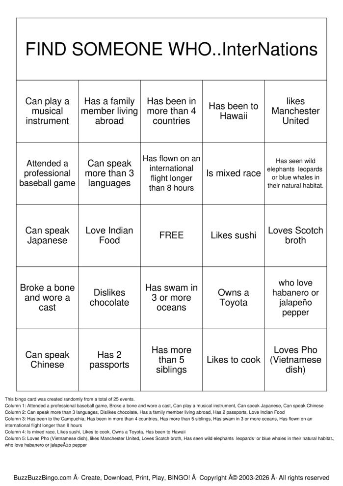 Download Free Human Bingo: International Edition Bingo Cards