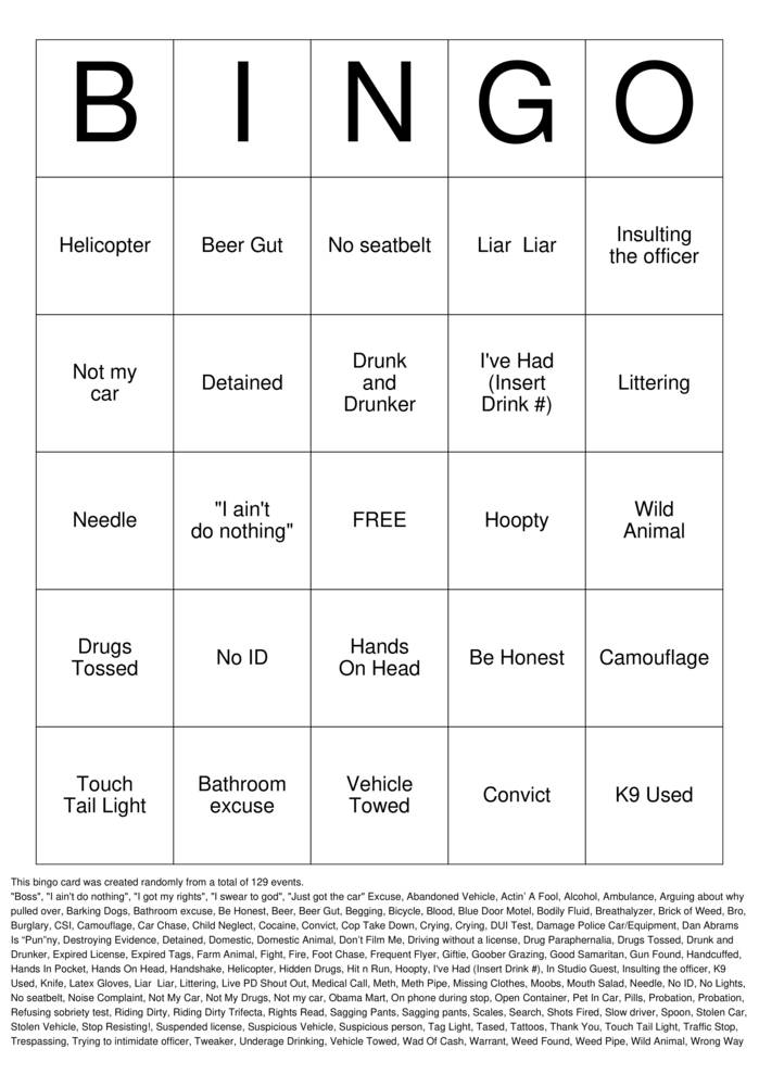 LIVE PD Bingo Cards to Download, Print and Customize!