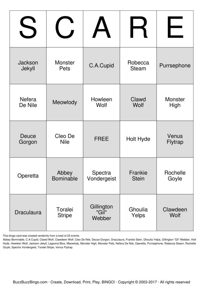 Monster High BINGO Bingo Cards to Download, Print and Customize!