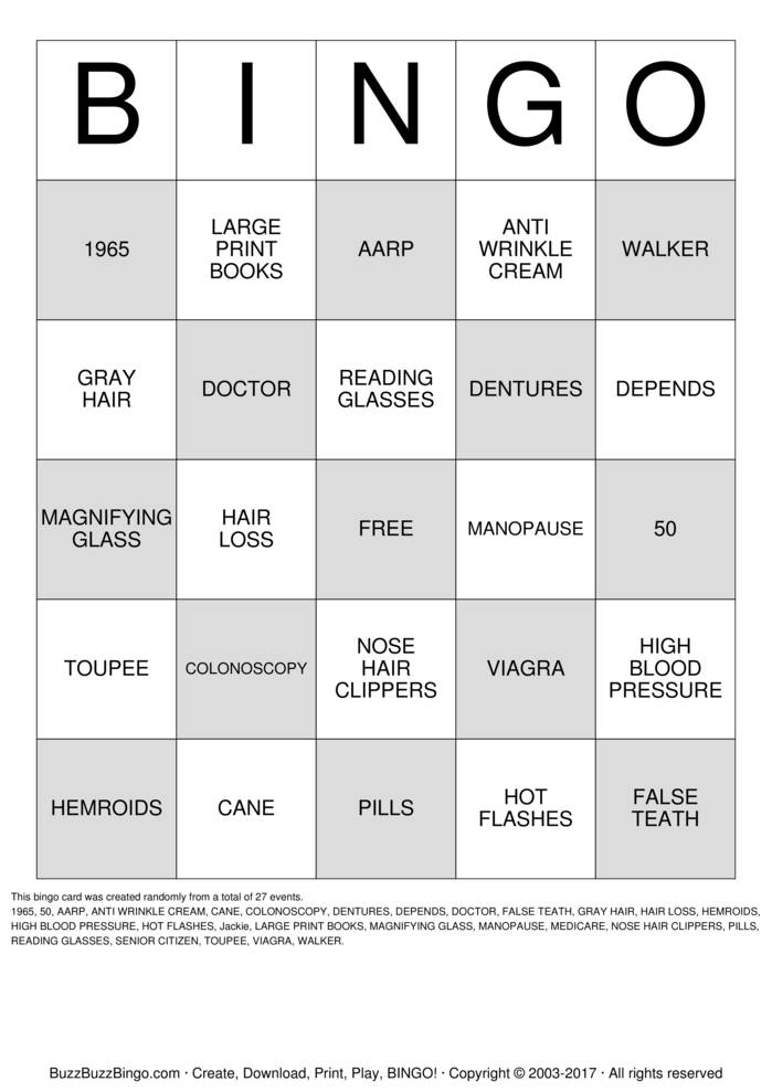 OVER THE HILL Bingo Cards to Download, Print and Customize!