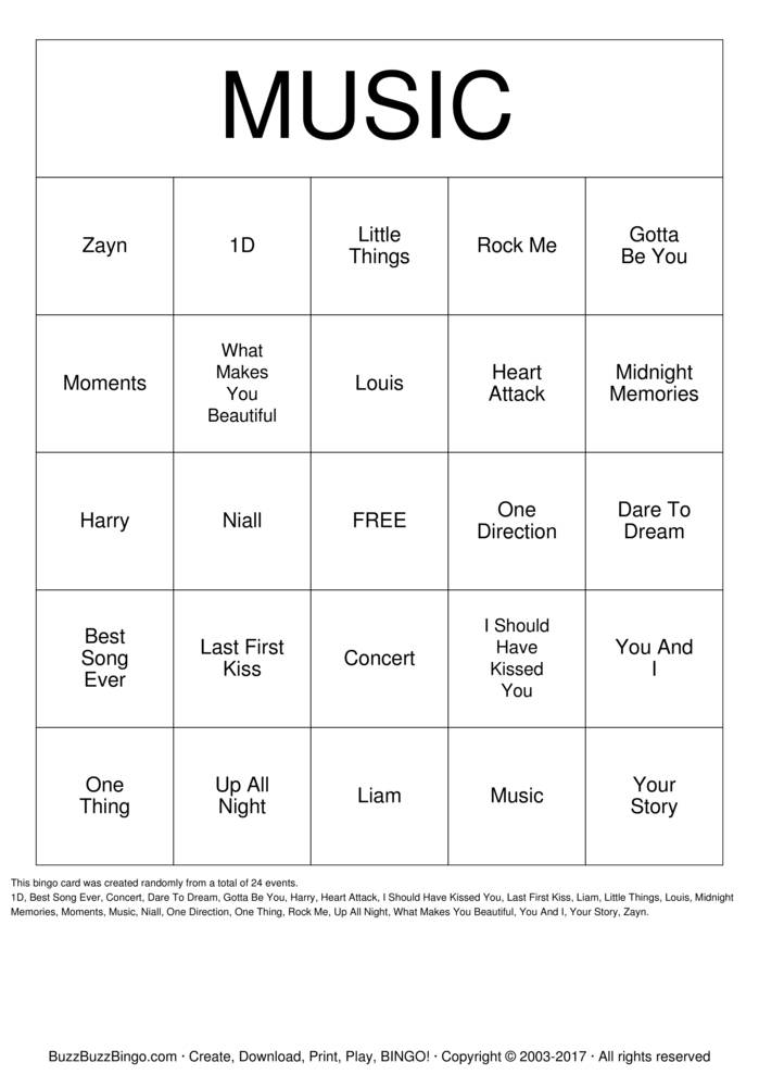 Download Free One Direction Bingo Bingo Cards Download Free One Direction Bingo Bingo Cards