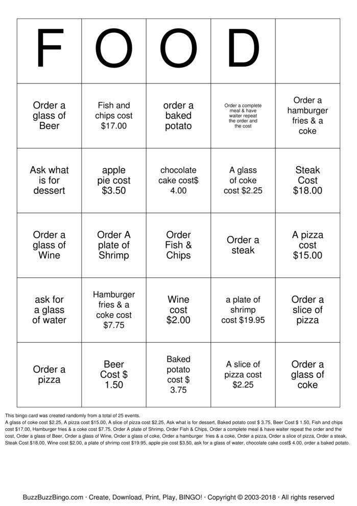 Download Free Ordering at a Restaurant Bingo Cards