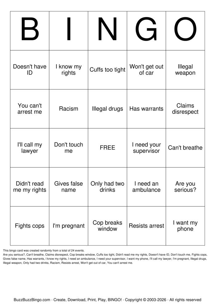 Download Free Police BINGO Bingo Cards Download Free Police BINGO Bingo Cards