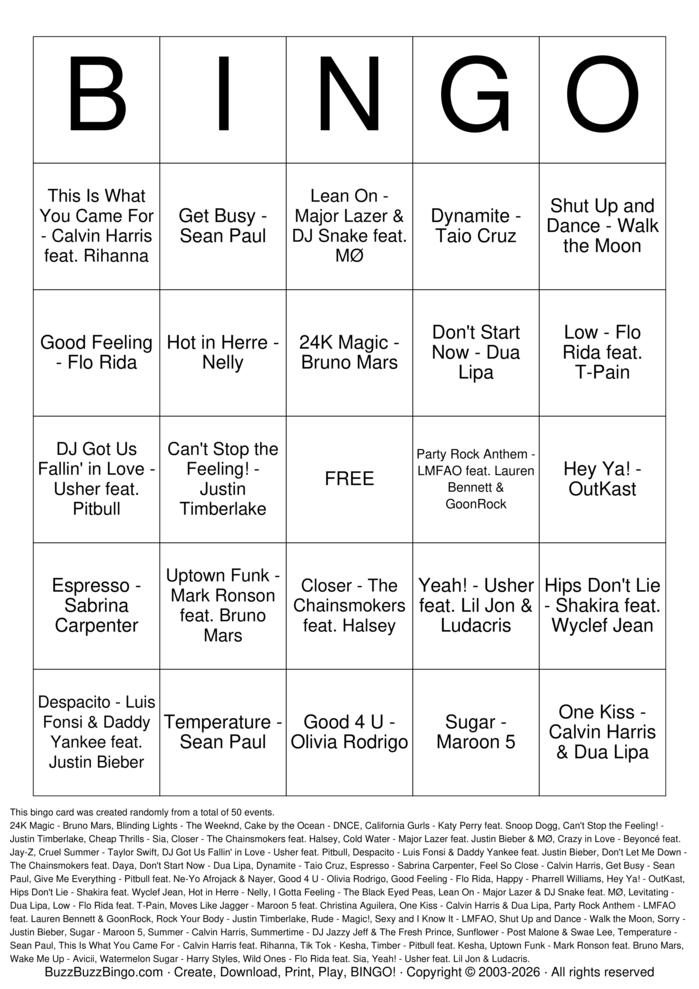 Download Free Pool Party Hits Top 50 Bingo Cards