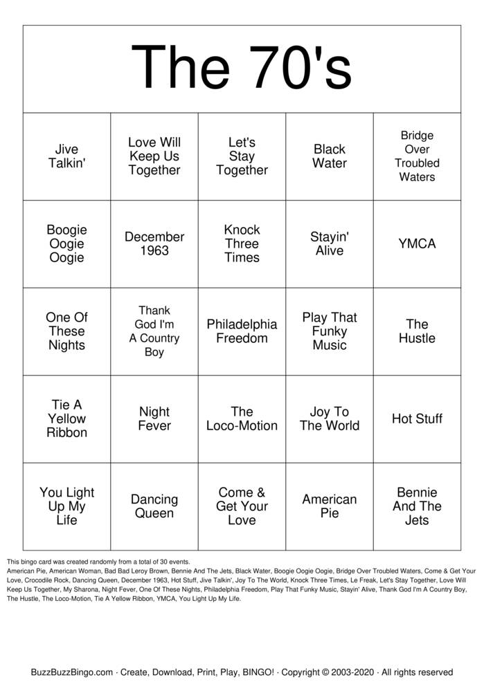 Download Free The 70's Bingo Cards
