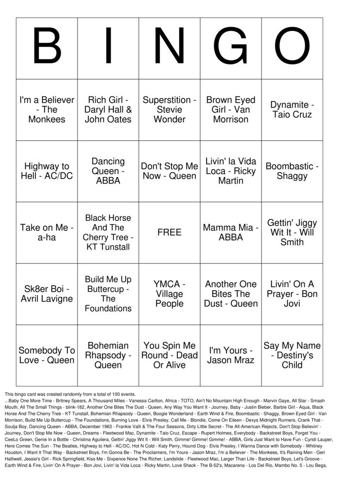 Download Free 70s, 80s, 90s, 00s Music Bingo Cards