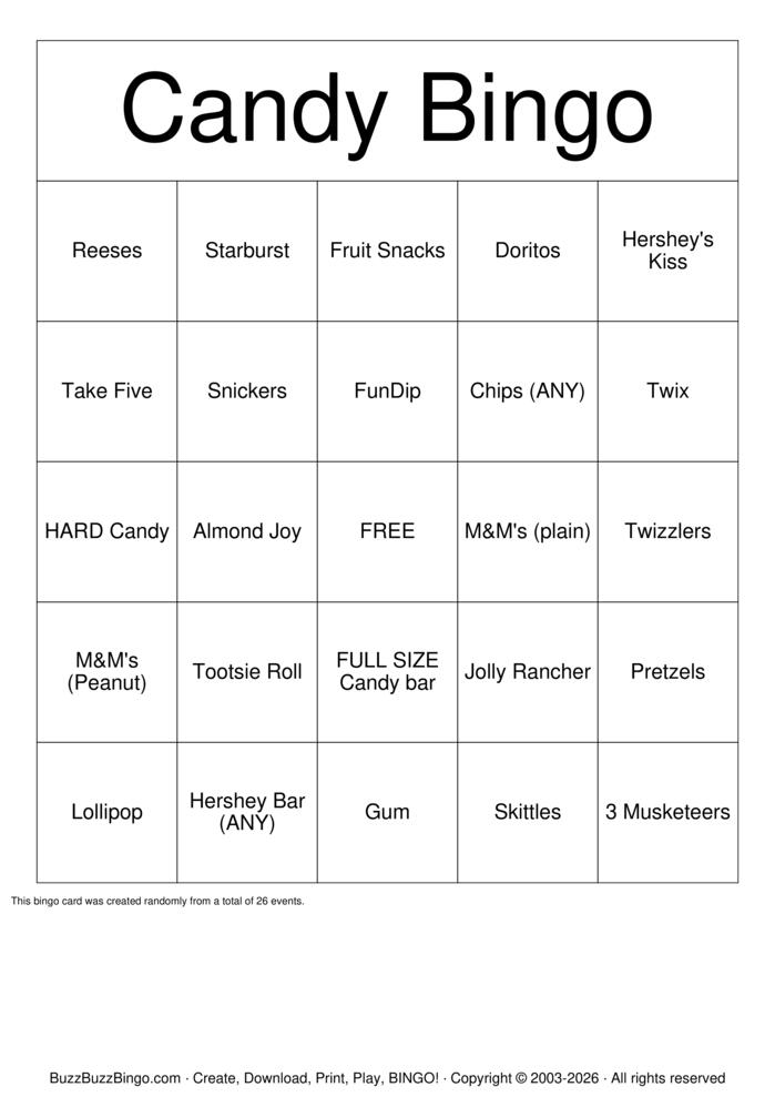 Download Free CANDY Bingo Cards