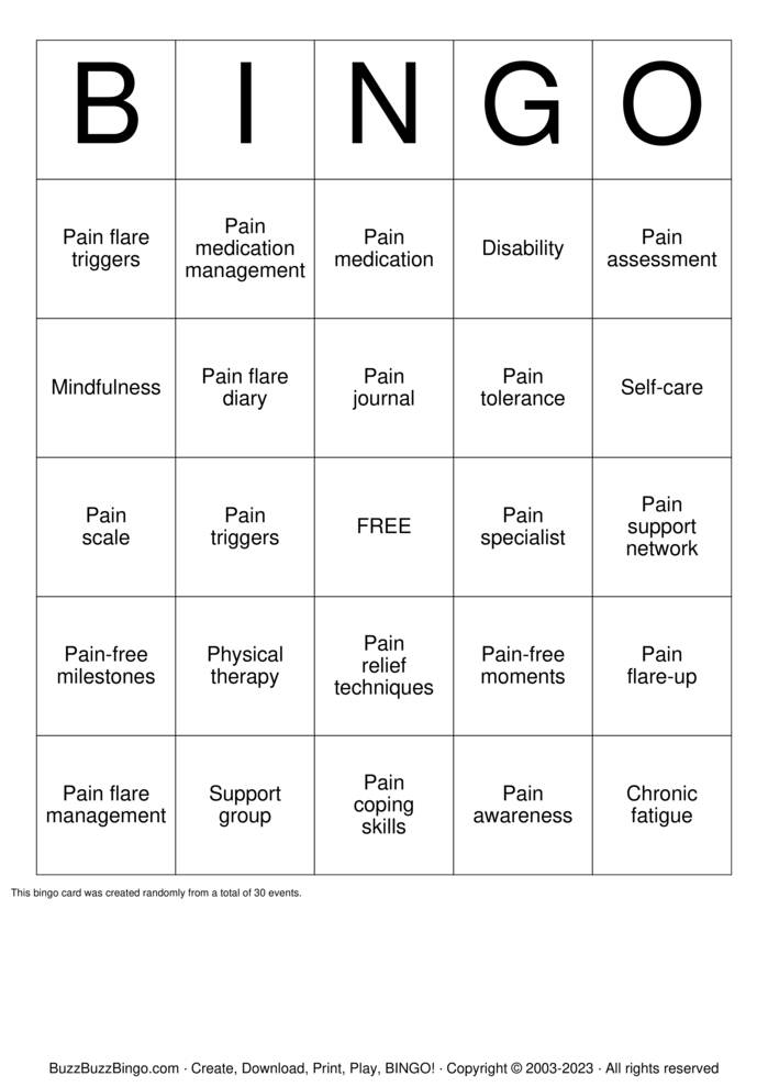 Download Free Chronic Pain Support Groups Bingo Cards