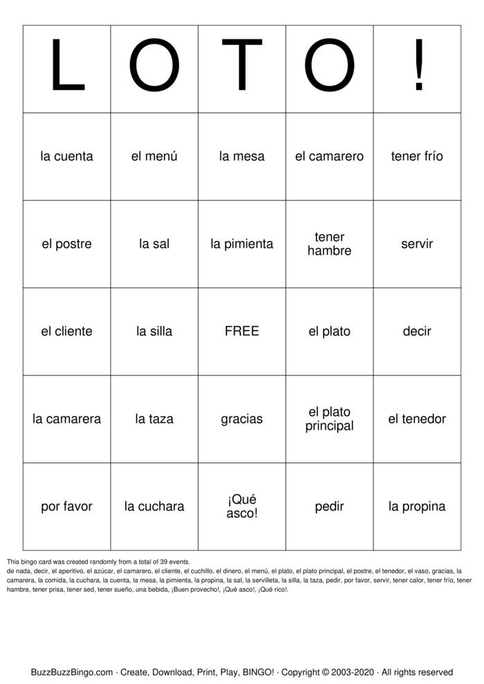 En el restaurante Bingo Cards to Download, Print and Customize!