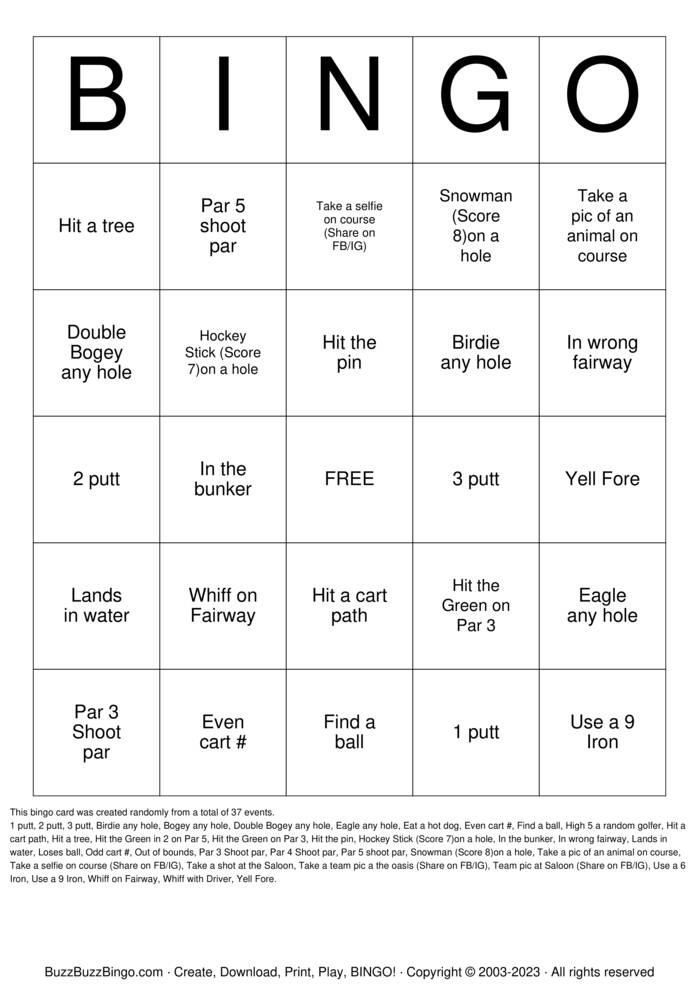 Download Free Golf Bingo Cards