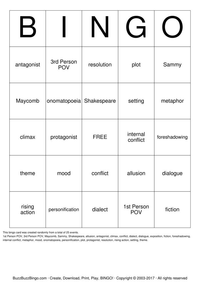 Literary Device Bingo Cards to Download, Print and Customize!