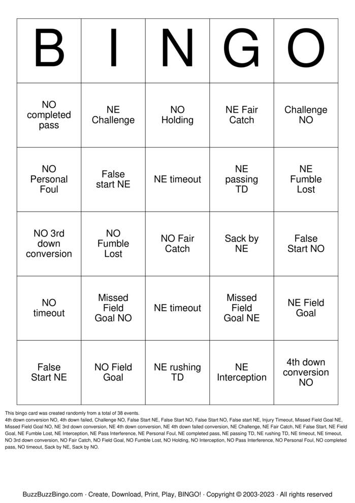 Patriots VS Saints Bingo Cards to Download, Print and Customize!