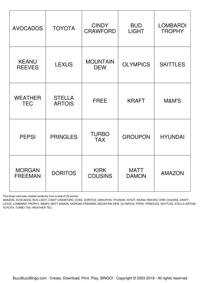 SUPERBOWL 2018 Bingo Cards to Download, Print and Customize!