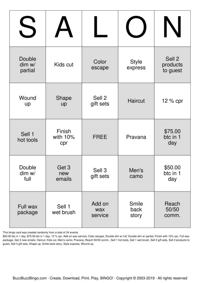 Salon Bingo Bingo Cards to Download, Print and Customize!