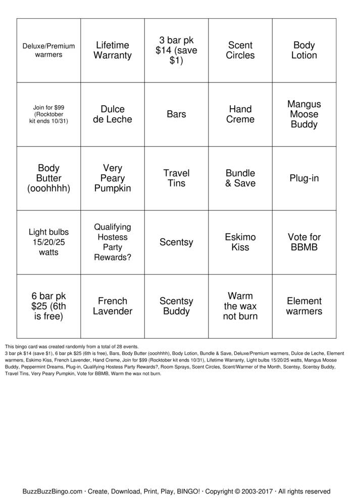 Scentsy#4 Bingo Cards to Download, Print and Customize!