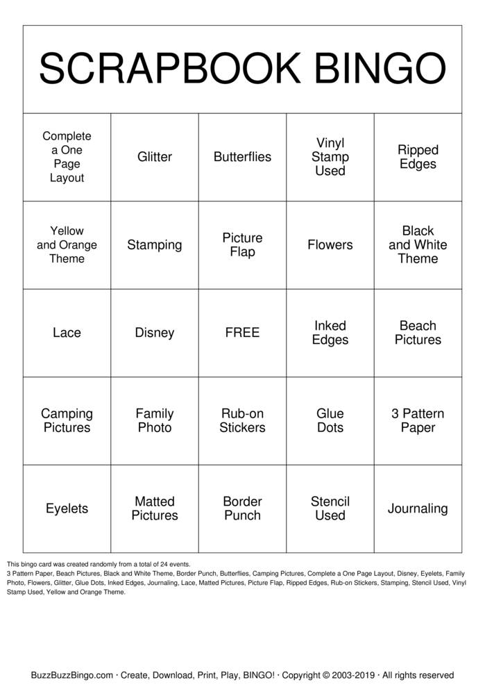 Download Free Scrapbook BINGO Bingo Cards