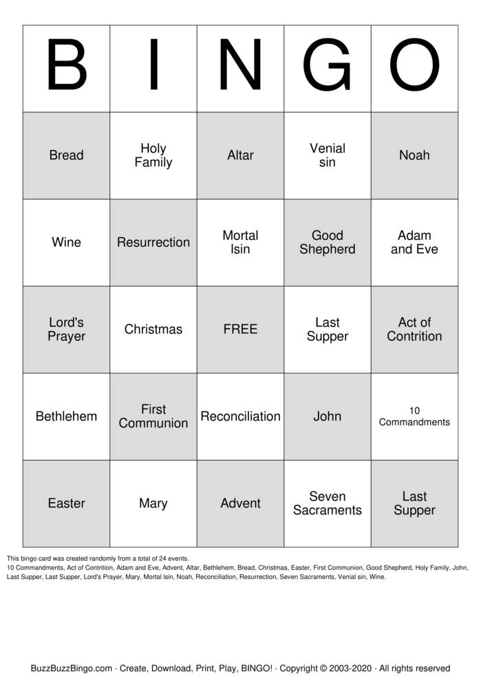 Free Printable Sacrament Bingo Cards