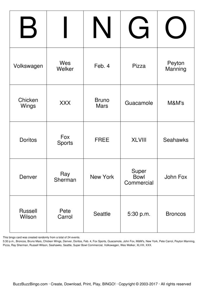 Download Free Super Bowl Bingo Cards