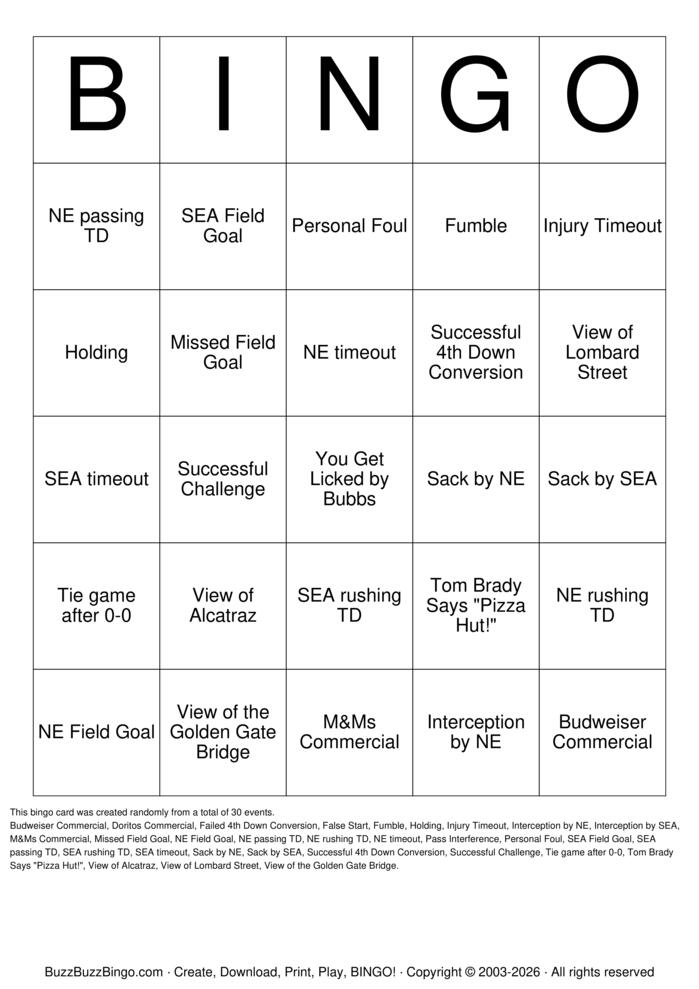 Super Bowl LX - SEA vs NE Bingo Cards to Download, Print and Customize!