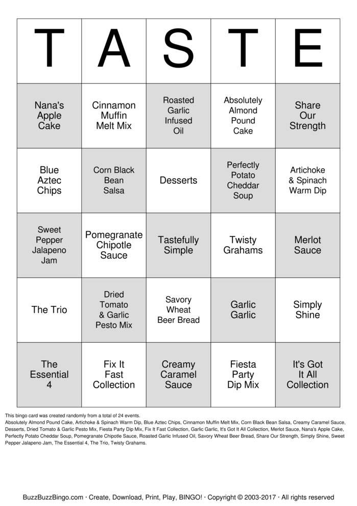 Download Free Taste #1 Bingo Cards Download Free Taste #1 Bingo Cards