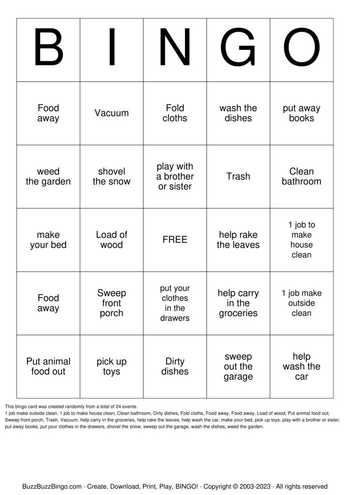 chores Bingo Cards to Download, Print and Customize!