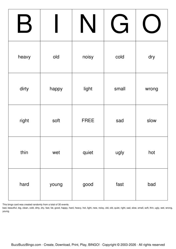 Download Free Adjectives Bingo Cards