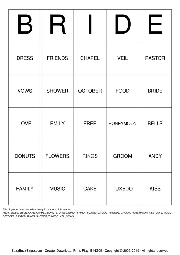 Download Free BRIDE Bingo Cards