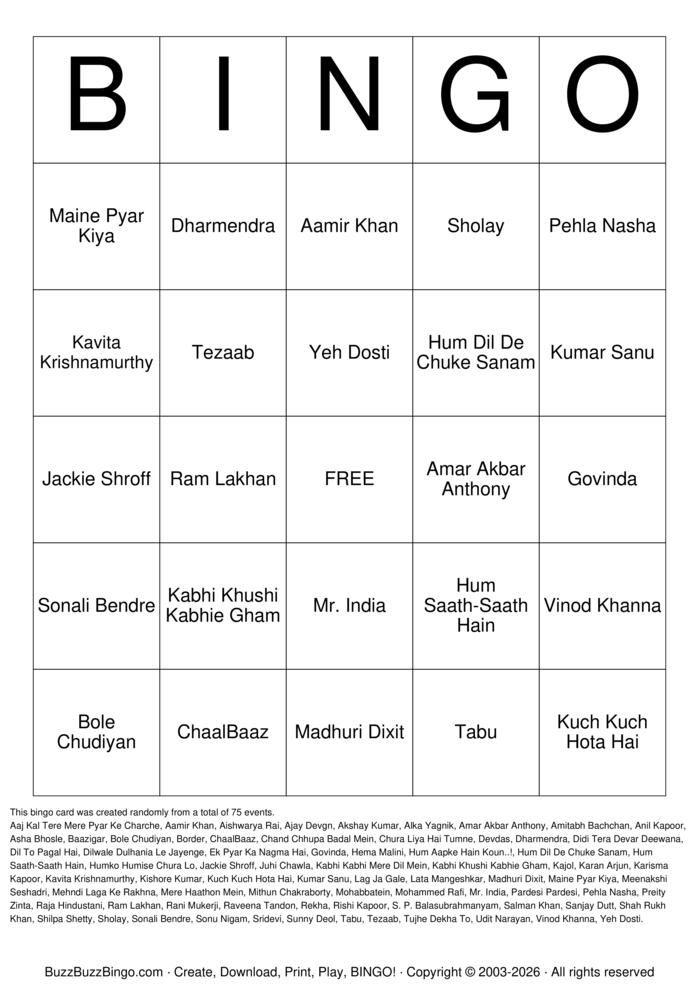 Download Free BollyWood Bingo Bingo Cards Download Free BollyWood Bingo Bingo Cards