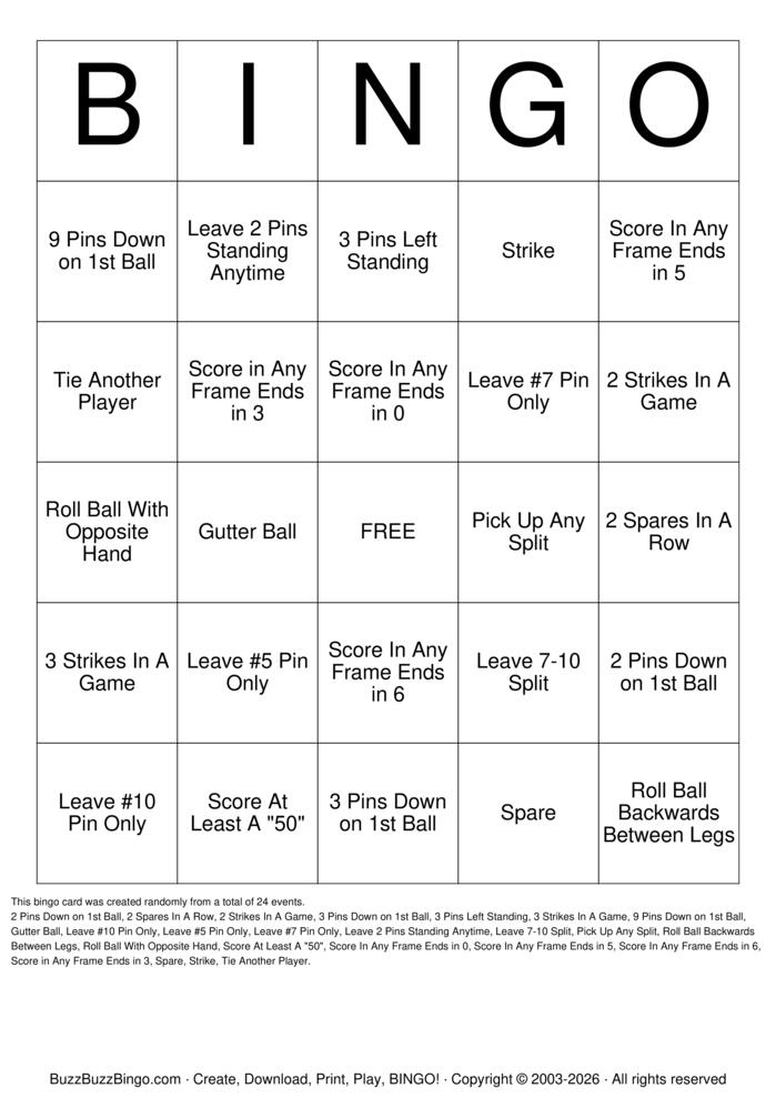 Download Free Bowling Bingo Cards