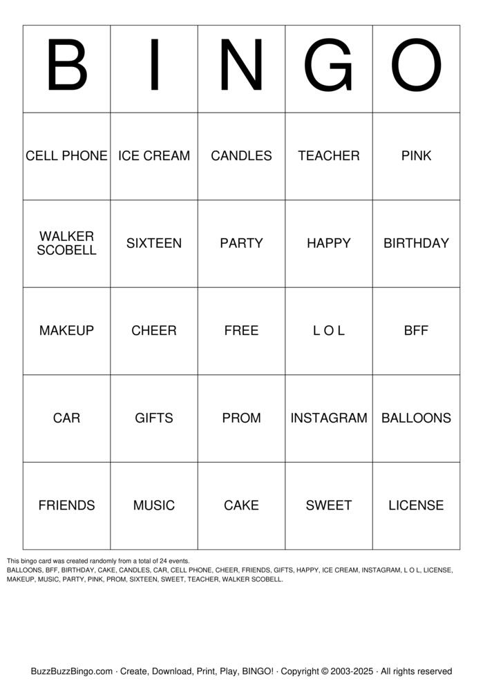 Download Free ELLA Sweet 16 Bingo Bingo Cards