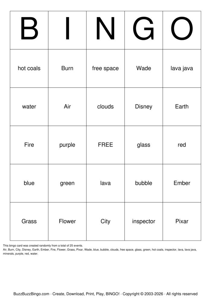 Download Free Elemental  Bingo Cards