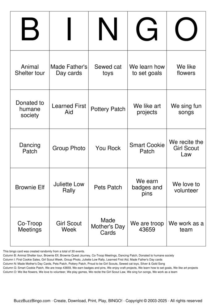 Download Free Girl Scout Bingo Cards