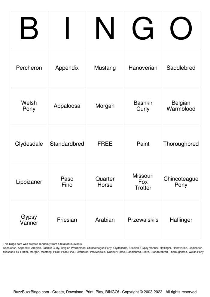 HORSE Bingo Cards to Download, Print and Customize!