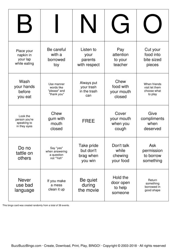 Manners Bingo Cards to Download, Print and Customize!