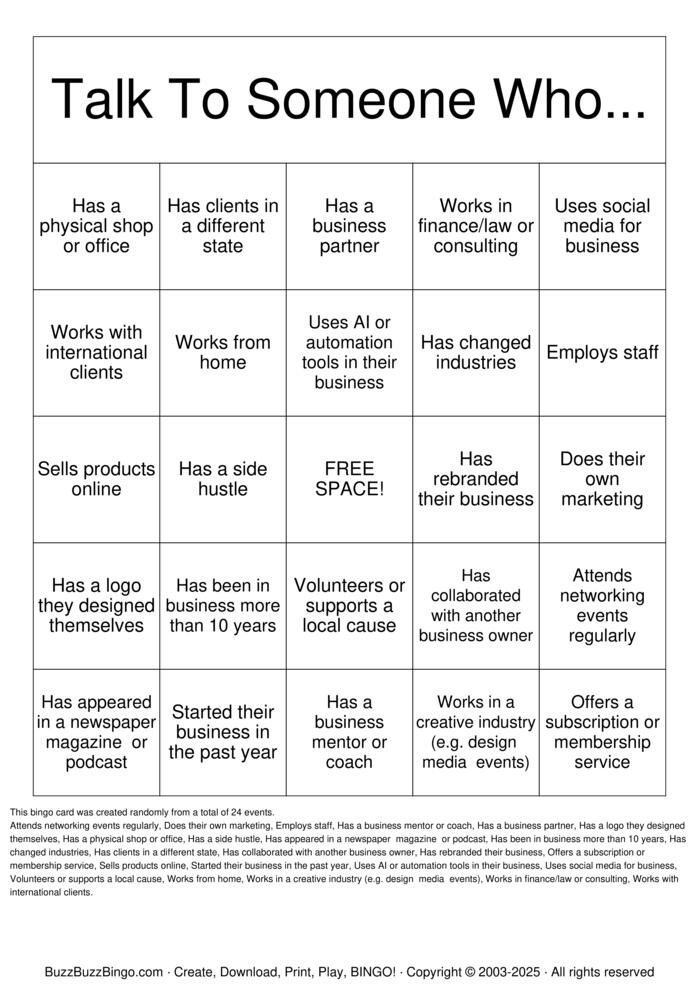 Networking Bingo Bingo Cards to Download, Print and Customize!