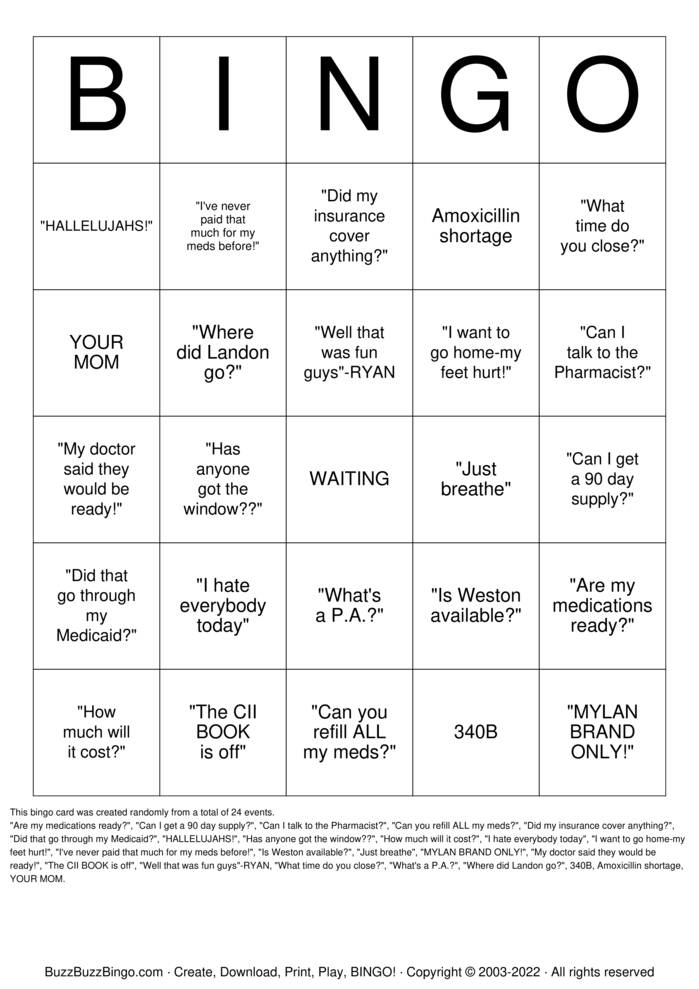 Download Free Pharmacy Bingo Bingo Cards