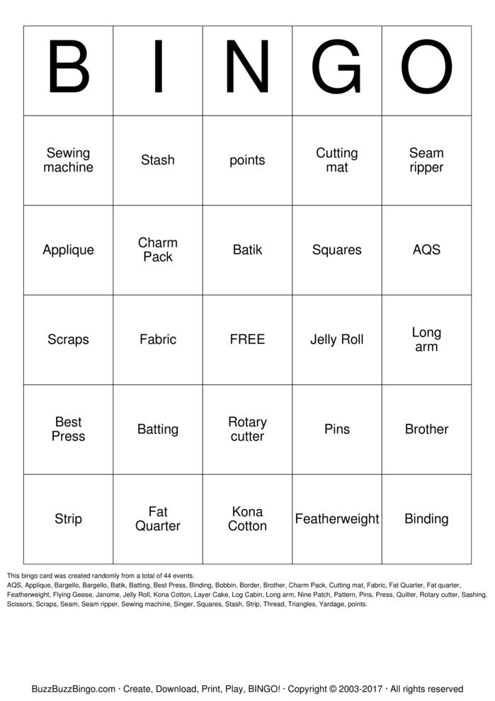 Download Free QUILT Bingo Cards