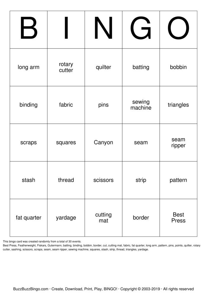 Download Free QUILT Bingo Cards