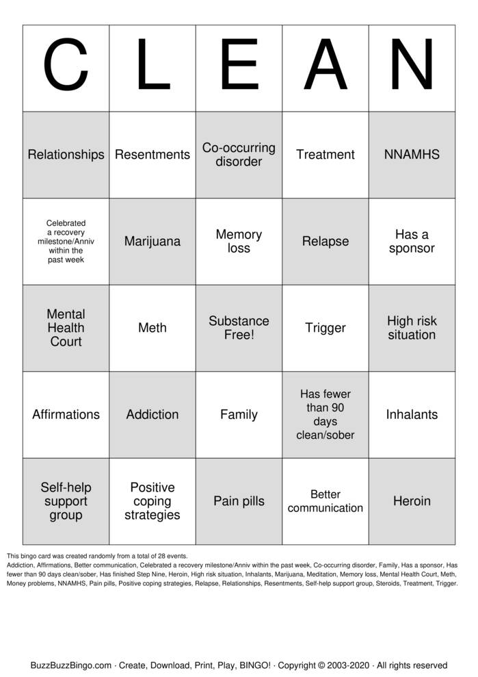 recovery bingo cards to download print and customize