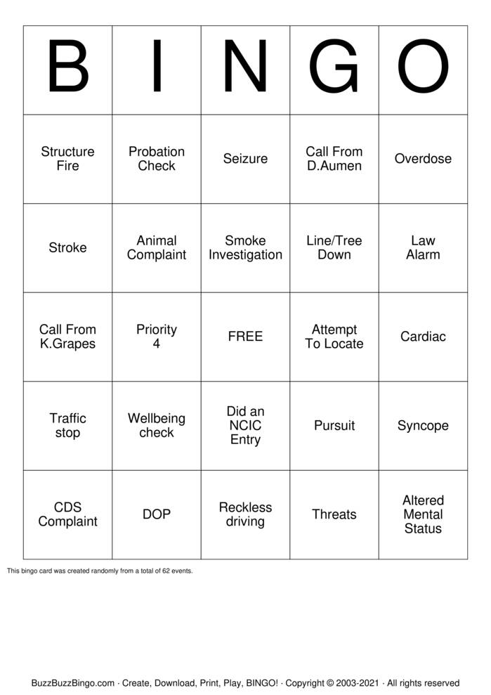 Download Free Telecommunicator Bingo! Bingo Cards