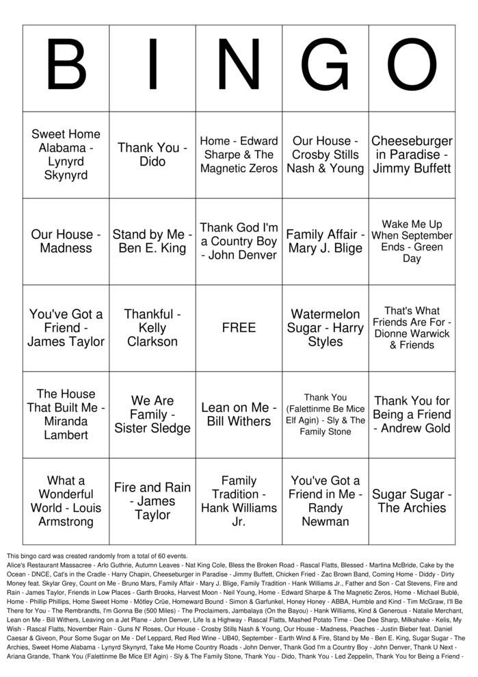 Download Free Thanksgiving & Friendsgiving Songs Bingo Cards