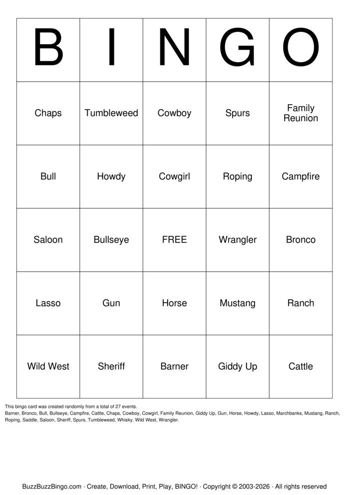 Download Free Western Round-Up Bingo Cards